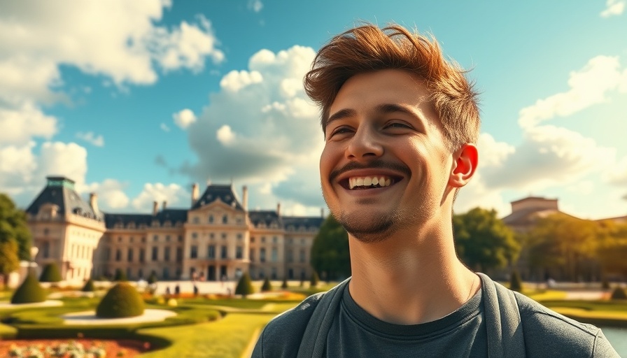 Young man enjoying historical walking tour at Luxembourg Palace in Paris.