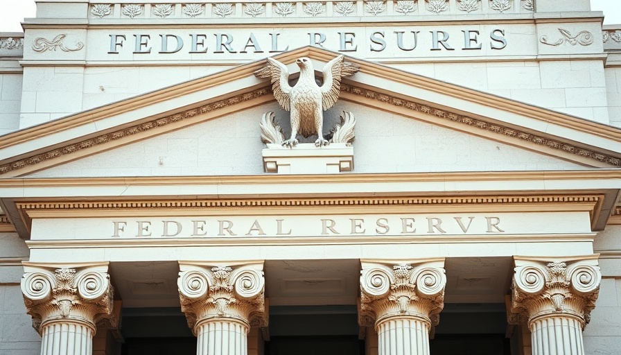 Detail of Federal Reserve building facade with eagle sculpture, highlighting authority.