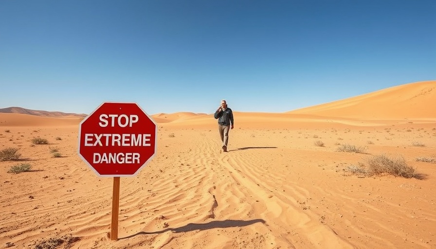 Desert scene with 'Stop Extreme Heat Danger' sign.
