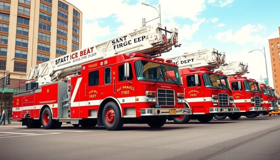 San Francisco fire trucks parked on city street under clear blue skies.