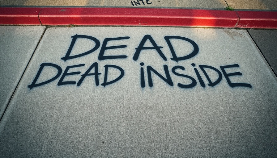Graffiti on San Francisco sidewalk reading 'DEAD INSIDE', urban scene.