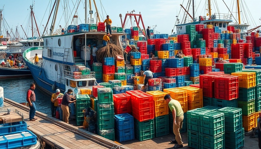 Harbor workers unloading crates at English dock, octopus invasion England.