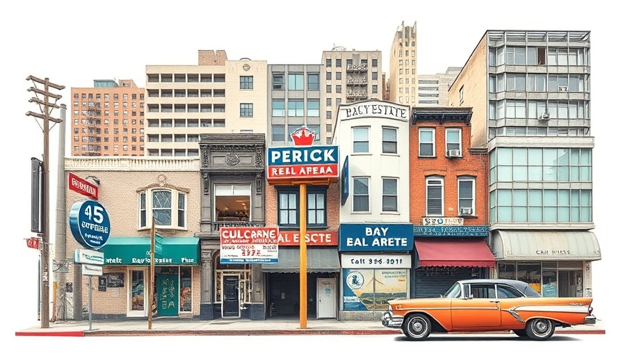 Collage illustration of the Bay Area real estate market with signs and buildings.