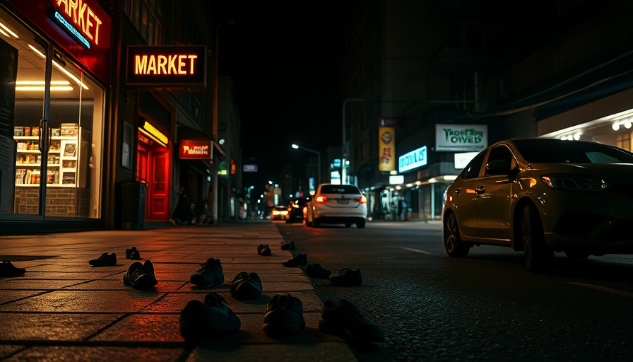 San Francisco local news city street with shoes, neon lights at night.