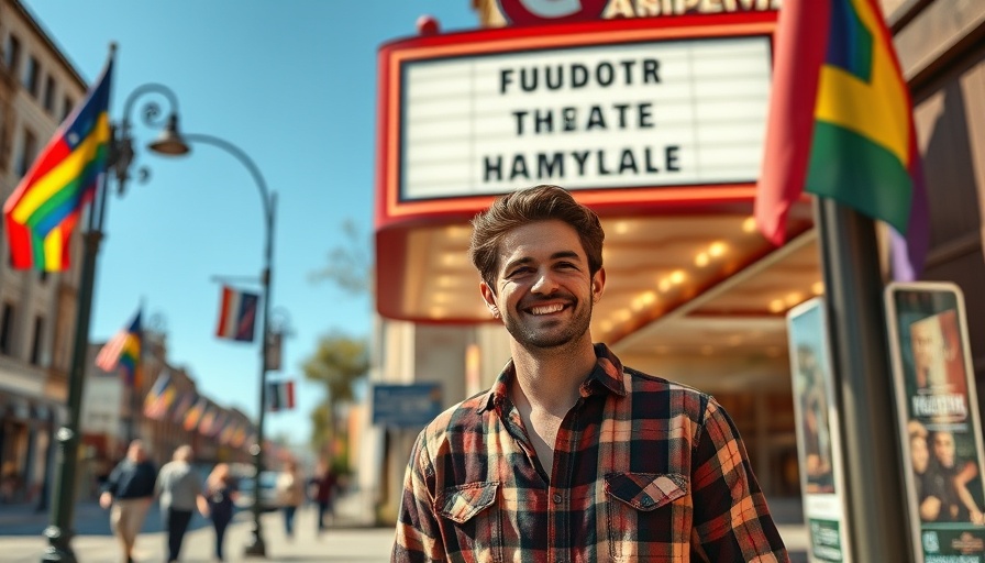 Casual individual by Castro Theatre, rainbow flags, sunny day.