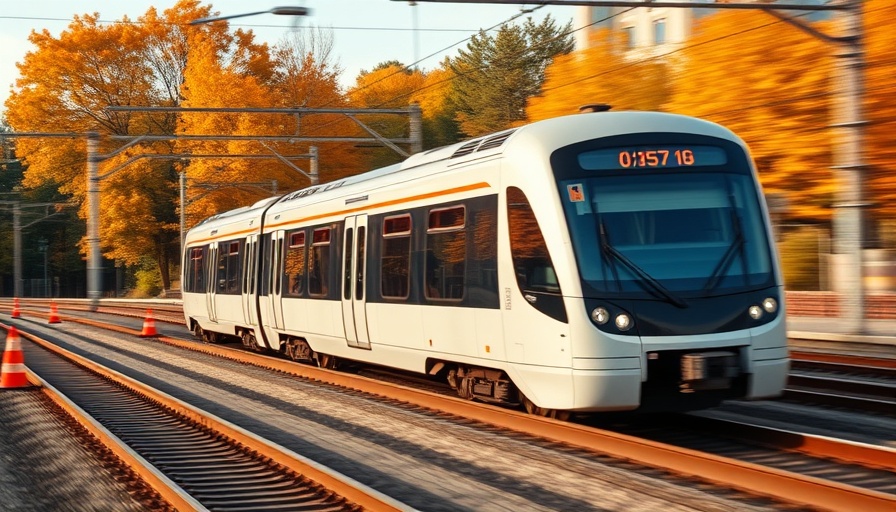 BART train traveling on tracks surrounded by autumn trees and orange cones