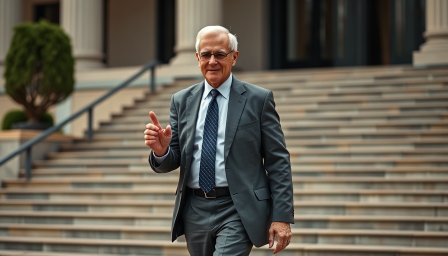 Older male in suit walking outside near staircase, Trump documents case appeals court.