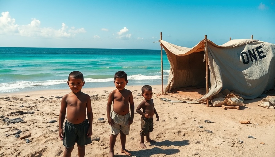 Children by makeshift shelter on Gaza shore, gazing at sea, depicting Gaza City Exodus.