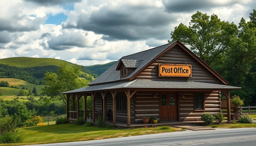 Bolinas Post Office surrounded by greenery, cloudy sky.