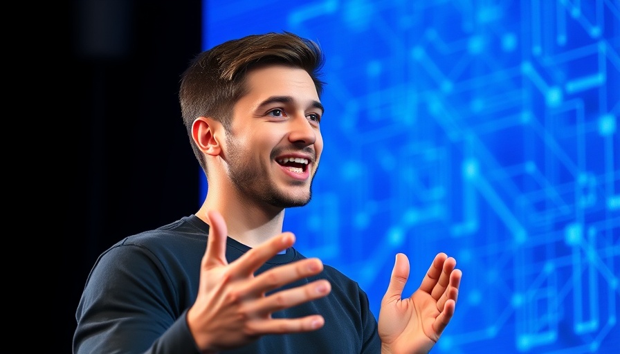 Dynamic young male speaker presenting at tech event.