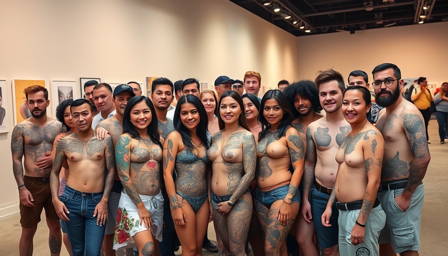 Diverse group showcasing tattoos at the Living Tattoo Traditions Exhibition San Francisco.