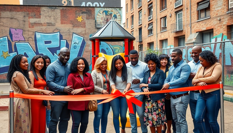Group cutting ribbon for Tenderloin playground redesign, vibrant mural backdrop.