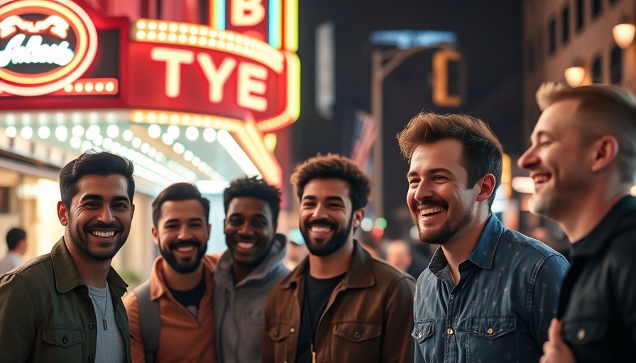 Group outside neon-lit theater, San Francisco Music Video Controversy