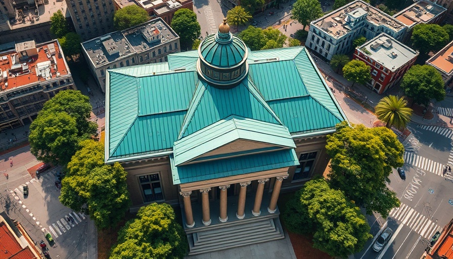 Aerial view of a historic courthouse in urban California setting.
