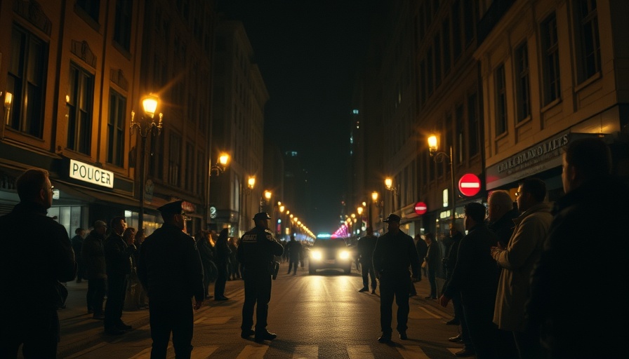 Night city scene of Tenderloin standoff with bright streetlights.