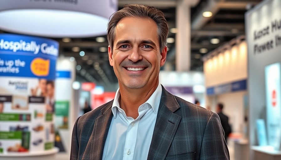 Rove Hotels hospitality booth with a smiling man in business attire.