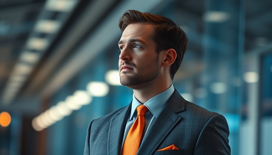 Man in a gray suit with orange tie contemplating indoors.