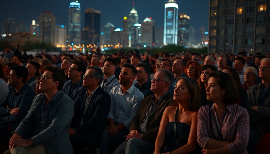 Crowd gathered watching event at night in city square.