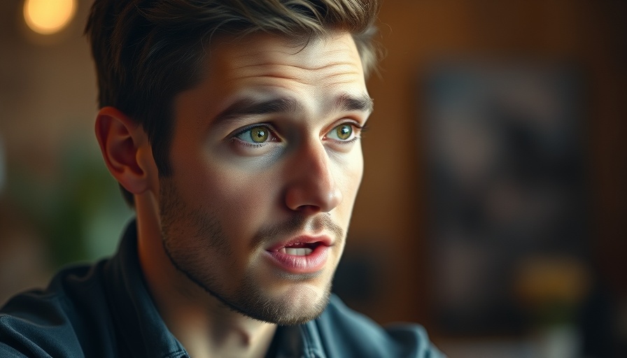 Young man discussing with expressive gaze and soft focus background.