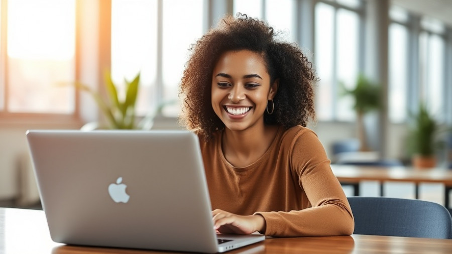 Cheerful woman working on laptop in sunny office, related to creatine for brain health.