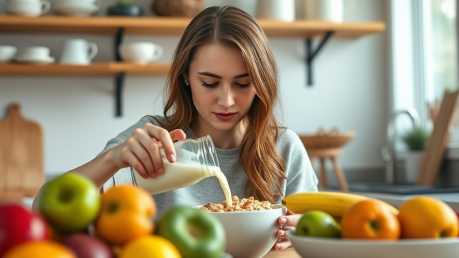 Mindful eating and snacking scene of a young woman in a kitchen.