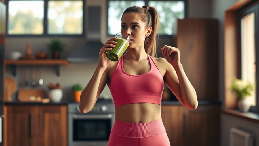 Woman drinks green smoothie for plant protein effectiveness in muscle growth.