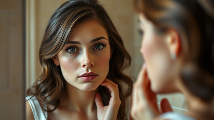 Woman examining face for genetic and situational wrinkles in mirror.