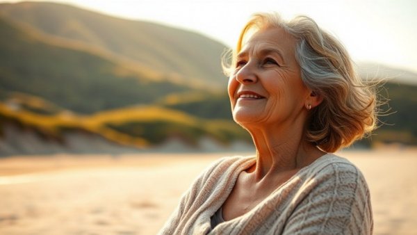 Older woman enjoying the sun on a beach to boost serotonin levels.