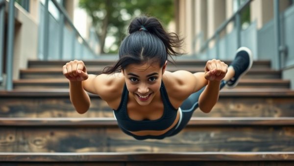 Young woman exercising on outdoor steps; exercise to slow neurodegeneration.