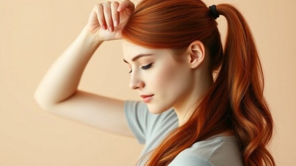 Young woman with long red hair tying a ponytail for scalp detox.