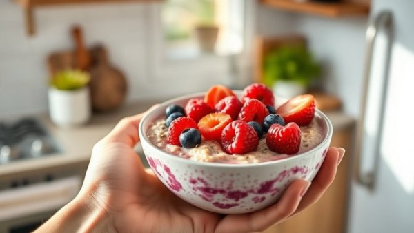 Fiber-rich oatmeal with berries and chia seeds for lower cholesterol.