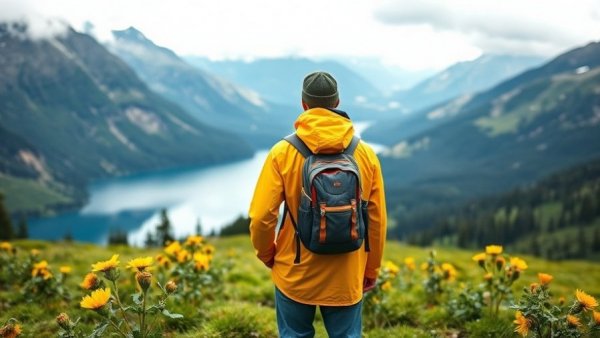 Hiker in yellow raincoat exploring health choices, Thanksgiving holiday.