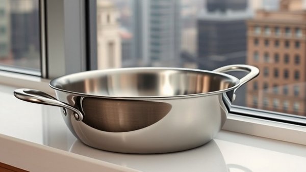 Sleek stainless steel Always Pan Pro Nonstick Cookware on a window sill.