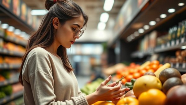 Woman shopping for produce, PFAS pesticides health risks awareness.