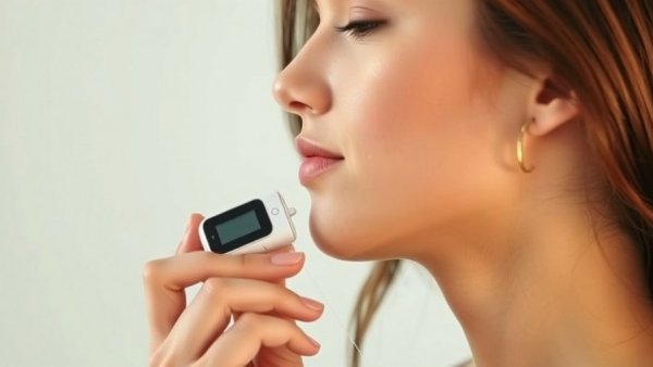 Young woman using a device for vagus nerve stimulation in profile.