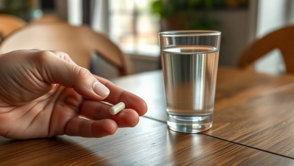 Close-up of hand with supplement pill and water for Cyber Monday supplements.