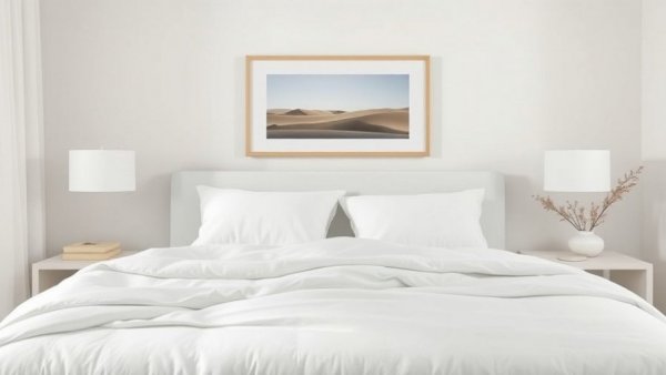 Minimalist bedroom with white pillows and art, highlighting a non-toxic mattress.