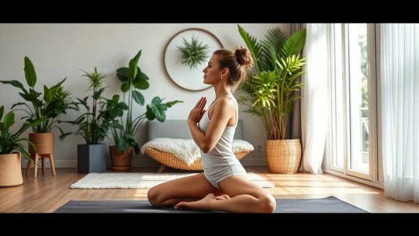 Woman practicing yoga for pelvic floor health with playful child nearby in a serene living room.