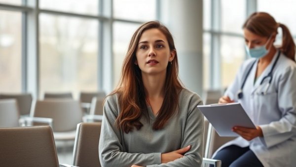 Young woman in medical waiting room with nurse clipboard, related to breast cancer in women under 50.