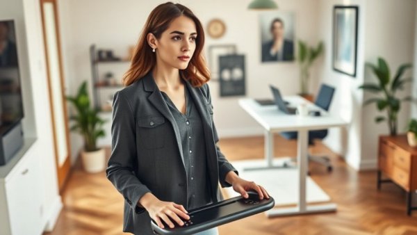 Benefits of WalkingPad: woman using WalkingPad in home office.