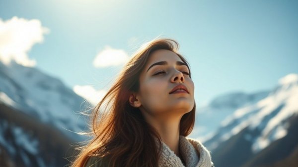 Serene woman in snowy mountains under bright sky.