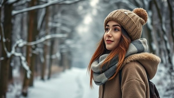 Astrological breakthroughs December 2025: Woman in snowy forest winter attire.