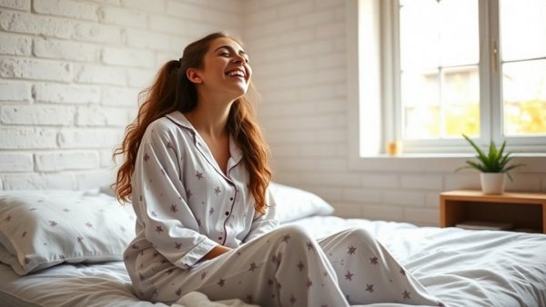 Young woman in pajamas yawning, reliance on melatonin and sleep solutions, in a softly lit bedroom.