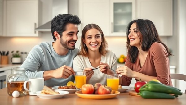 Family practicing daily wellness habits with a healthy breakfast.