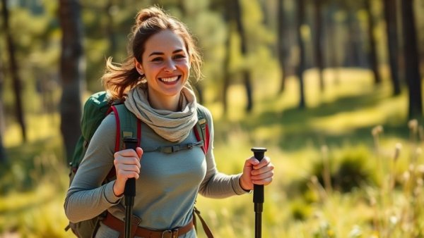 Woman hiking with poles outdoors, reflecting health goals and adventure.