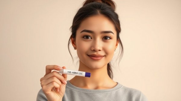 Confident woman pointing at HbA1C test tube, Lower A1C in 30 days.