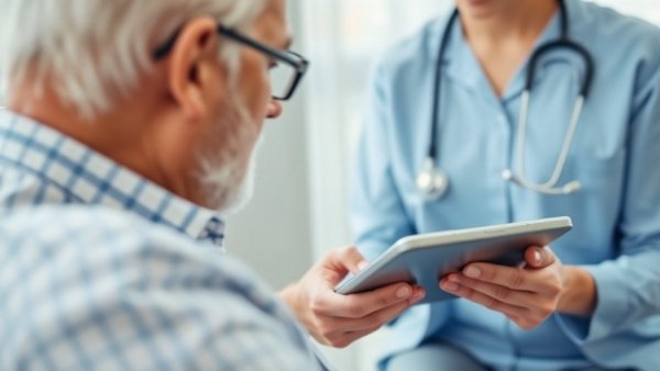 Healthcare professional discussing with older man, exercise benefits for cancer recovery.