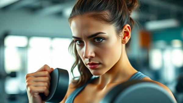 Young woman lifting weights indoors, focused strength training.