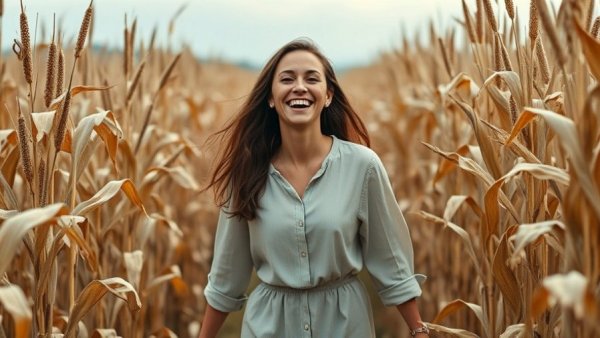 Cheerful woman exploring cornfield, symbolizing unexpected transformations in love.