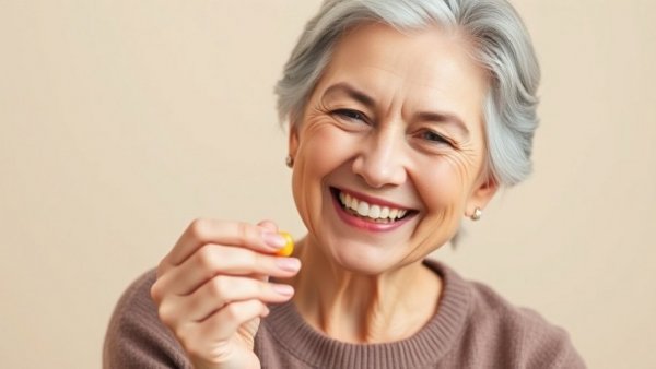 Smiling woman holding pill showcasing multivitamin effectiveness.